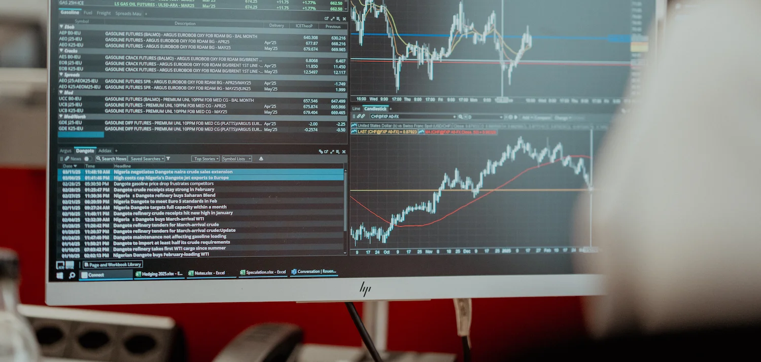 Computer monitor displaying financial charts and data.
