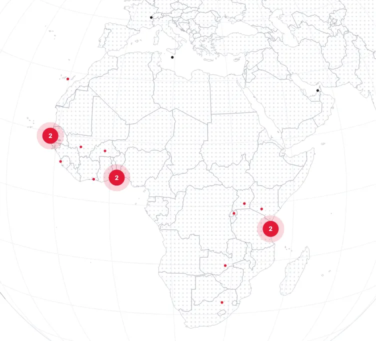 Map of Africa with three red markers indicating specific locations.